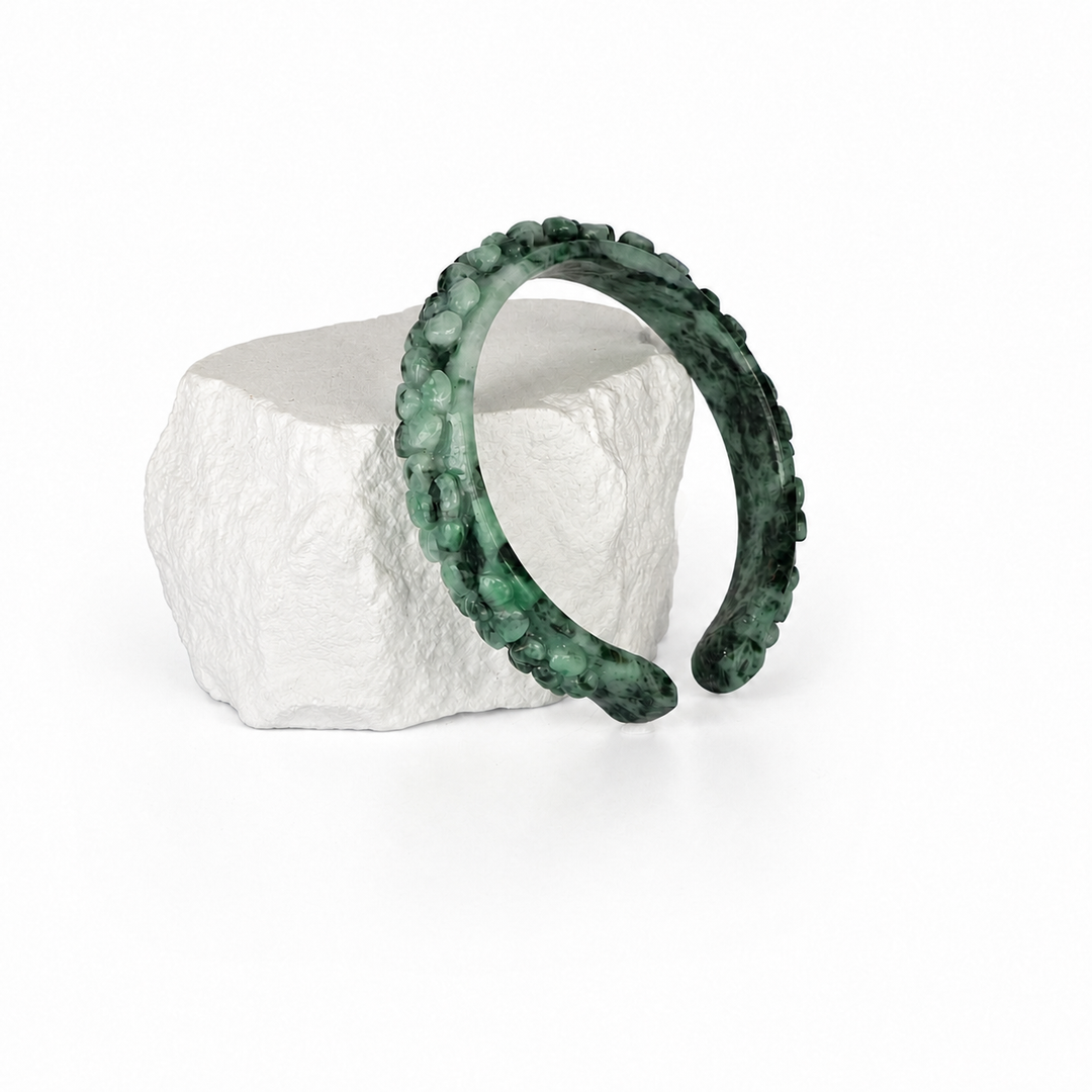 Hand-Carved Green Jadeite Cuff Bangle, display view