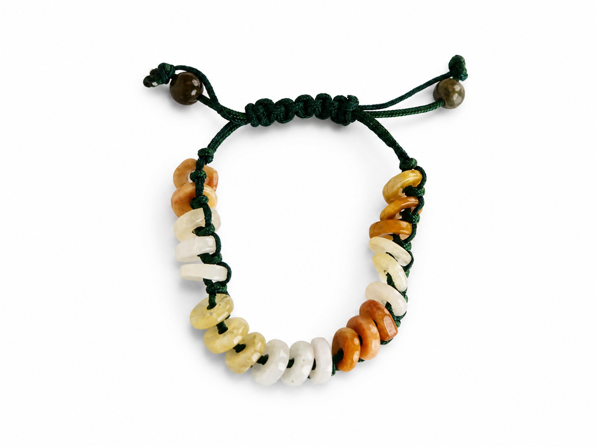 Braided multicolor natural Jadeite adjustable bracelet on pure white